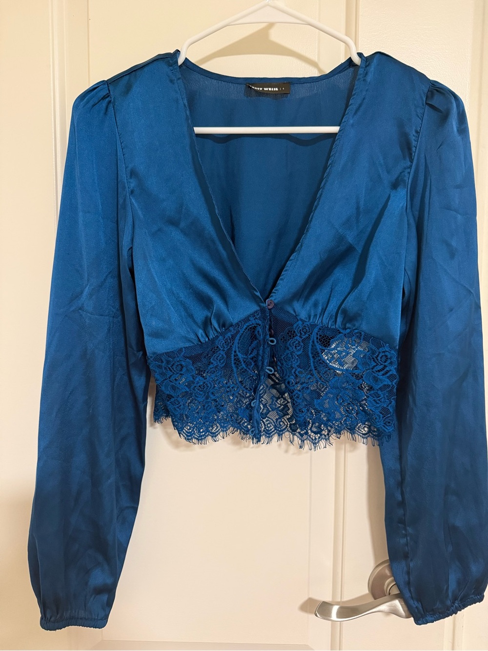 Deep Teal Satin Lace-Trim Button-Front Blouse